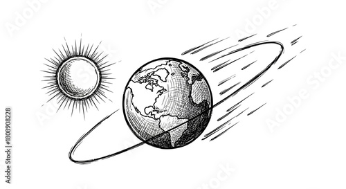 Hand-drawn sketch illustrating Earth's orbit around the Sun, depicting the solar system's celestial mechanics with a classic scientific diagram style.