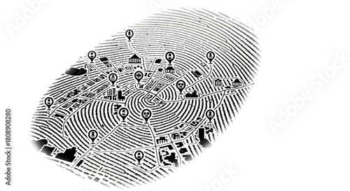 A detailed illustration of a fingerprint with various location markers overlaid on the ridges.
