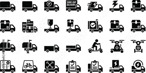 Set of delivery, logistics, and transportation service icons, isolated on white background