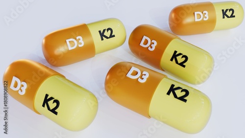A 3d rendering of group of supplement capsules containing Vitamins D3 and K2. Each capsule is clearly labeled D3 and K2. 