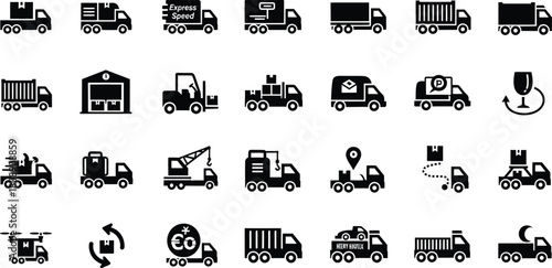 Comprehensive set of delivery, logistics, and transportation icons, including trucks, drones, and warehouse, isolated on white background