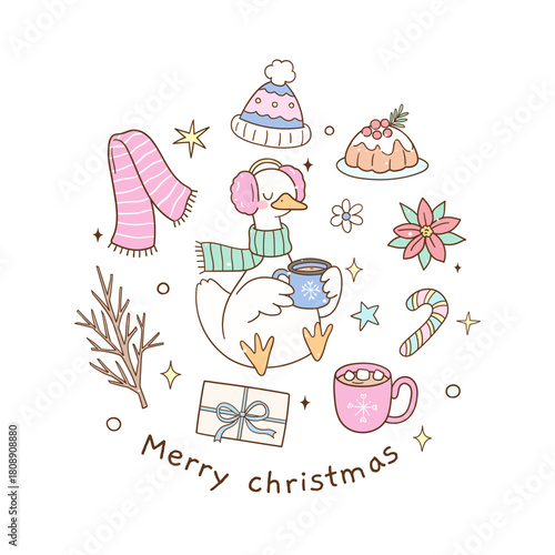 Draw vector cute goose with element cozy winter Christmas season Trendy animal Doodle cartoon illustration