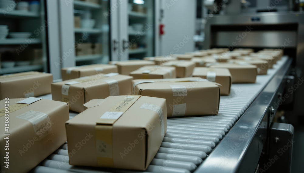 Fototapeta premium Conveyor belt package parcel shipping logistics warehouse production assembly factory automation detail container line moves smoothly bright light, efficient workflow suggests speed and order
