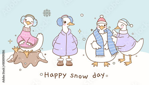 Draw vector happy snow with goose Merry christmas Winter season Trendy animal Doodle cartoon illustration