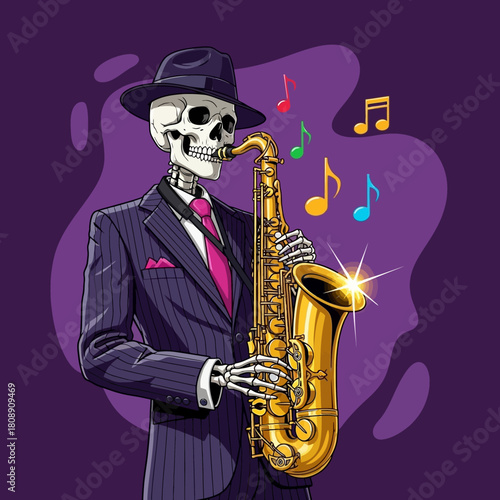 Dapper Skeleton Saxophone Player Grooving with Musical Notes