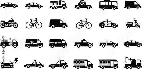 Road transport icons cars, trucks, buses, motorcycles, bicycles, and vehicles, isolated