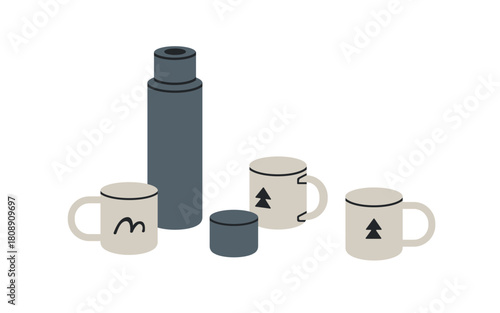 Camping thermos and mugs kit. Tea cups and insulated vacuum bottle for hot beverages. Eco travel accessories. Hiking drinkware, teacups. Flat vector illustration isolated on white background