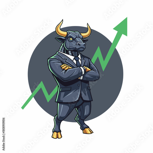 Cybernetic Bull Business Leader with Upward Stock Market Graph
