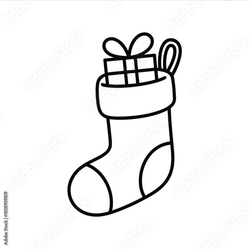 Simple hand drawn outline christmas stocking filled with gift