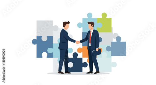 Two businessmen shaking hands in front of puzzle pieces, symbolizing partnership isolated on