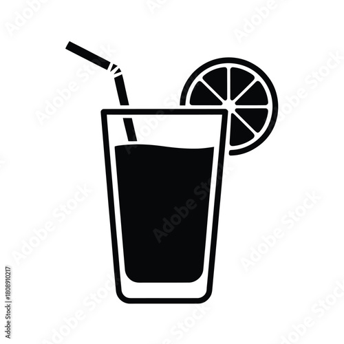 Simple black and white icon of a refreshing drink with straw and lemon slice