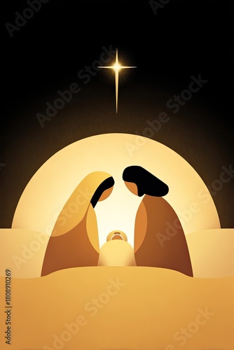Minimalist modern illustration of Nativity scene in glowing golden-brown palette, set under Star of Bethlehem against dark sky. Use for religious holidays, Christmas, contemporary design of Nativity