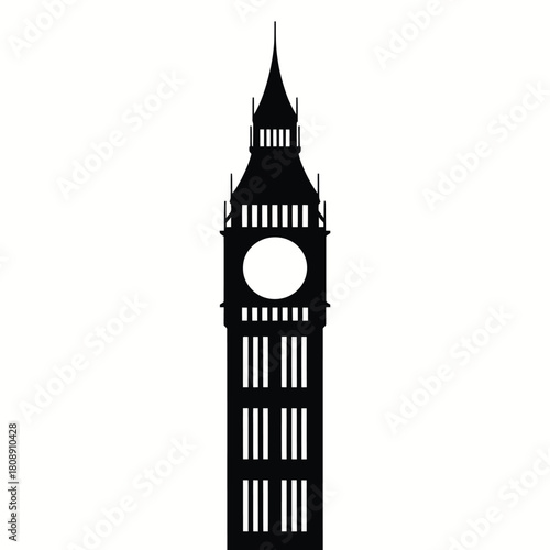 Iconic black silhouette of big ben clock tower against white background