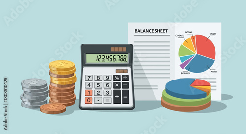 Financial balance sheet with calculator, coins, and pie chart for accounting