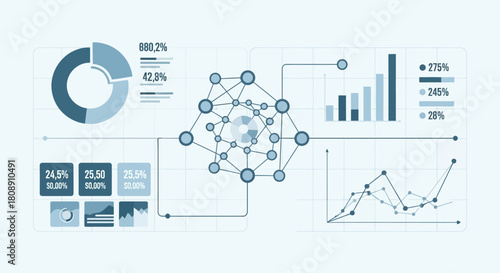Digital data analytics interface with charts, graphs, and network