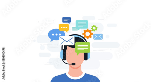 Customer support agent with headset and communication icons