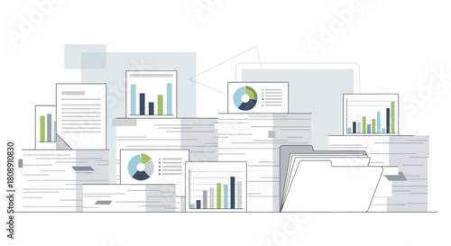 Stacks of business documents, reports, and data analysis, isolated on