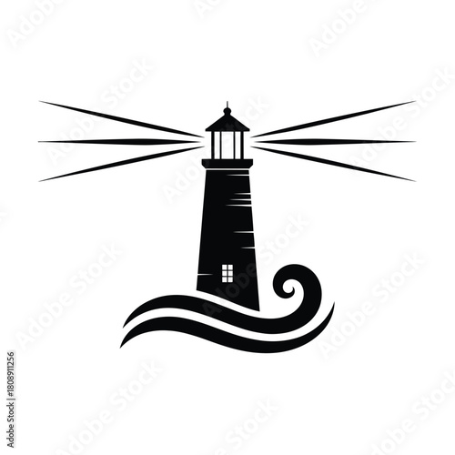 Black silhouette of a lighthouse with light beams and waves