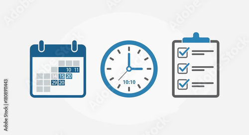 Calendar, clock, checklist icons for time management, planning on