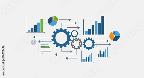 Data processing and analysis concept with gears and charts isolated on