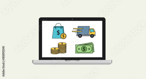 Ecommerce concept with laptop displaying shopping, delivery, and payment icons