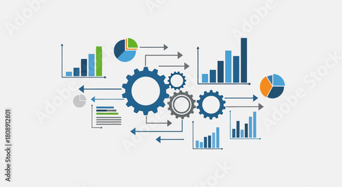 Data processing and analysis concept with gears and charts isolated on