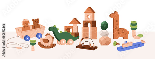 Wooden toys, Montessori playthings for baby game. Wood building blocks, sorter, animals, for kids fun and education. Kindergarten playroom banner. Flat vector illustration isolated on white background