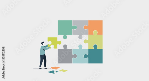 Man completing a jigsaw puzzle, business solution isolated on white