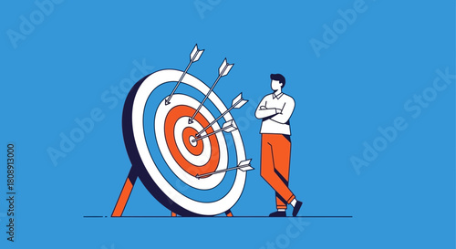 Man leaning on target with arrows, representing business goal and strategy