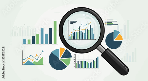 Magnifying glass analyzing business data, financial charts, and market reports