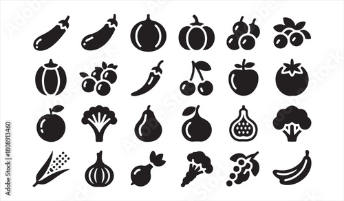 Healthy Fruits and Vegetables Icon Set for Nutrition, Organic Food, and Grocery Graphics
