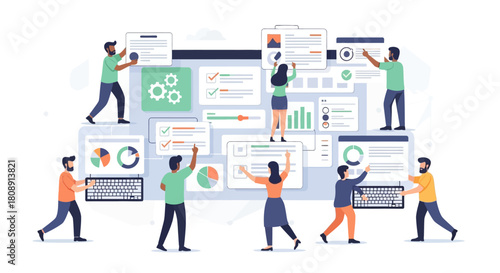 Team analyzing data dashboards and reports for business intelligence