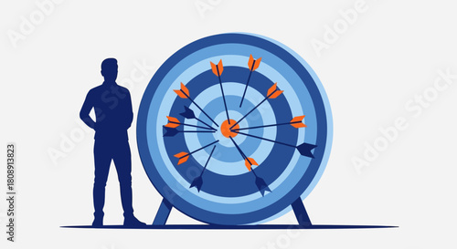 Man silhouette next to target with arrows, representing business goal success