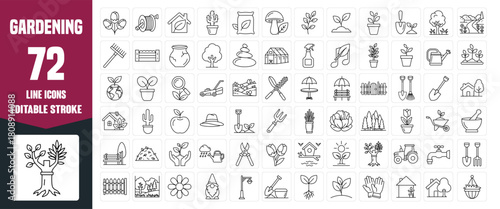 Gardening Line Icon Set — Minimal Editable Vector Symbols of Wheelbarrow, Shovel, Seedling, Watering, Growing Plants, and Garden Tools