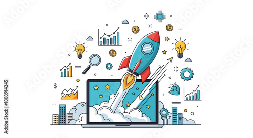 Startup business launch and innovation concept with rocket from laptop