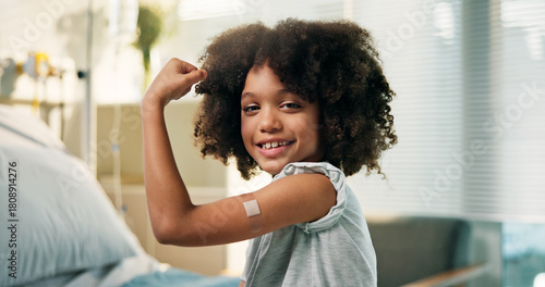 Fotografía Happy boy, portrait and arm with band aid for vaccine, flu shot or immunity in hospital