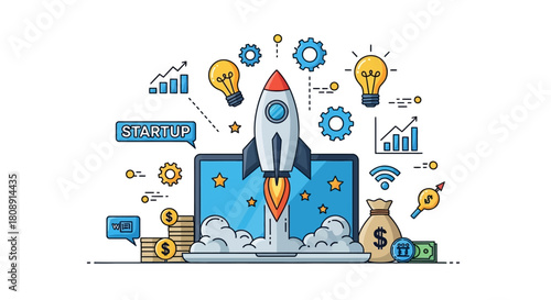 Startup business launch and innovation concept with rocket and technology