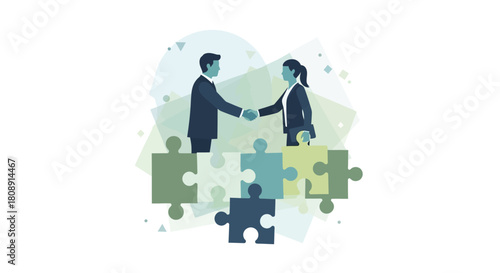 Business partnership handshake over connected puzzle pieces, teamwork concept