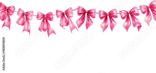 Watercolor pink bow with flirty ribbon garland creates a delicate girly frame. Cute retro border design for Valentine's Day, romantic designs, etc. Vector illustration.