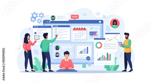 Team collaborating on project management and task organization dashboard isolated