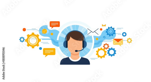 Customer support with headset and communication icons, isolated on white