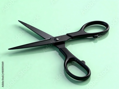 Open black scissors realistic 3D render on light green mint background - Office stationery and craft concept