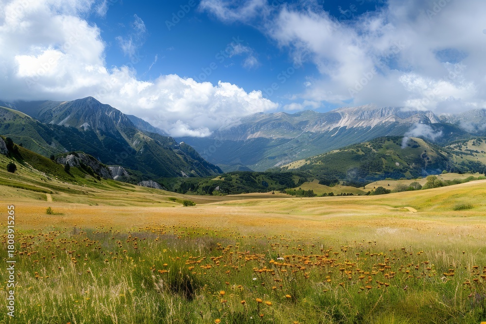 Obraz premium Scenic landscape showcasing vibrant wildflowers blanketing a plain beneath towering mountains under a summer sky