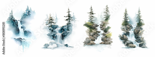 Watercolor mountain waterfall cascading through spruce forest. Natural river landscape with rocks, lush greenery, and serene lake view for nature designs.