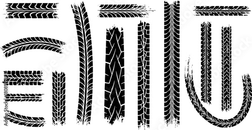 Tire trace track. Abstract wheels braking distances, tread silhouettes brushes. Vector