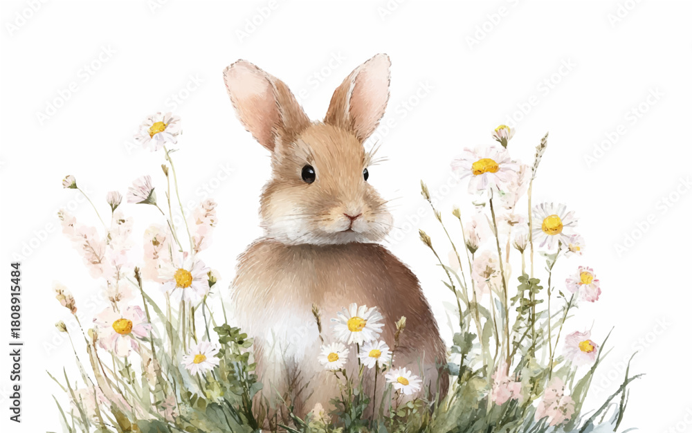 Fototapeta premium Watercolor illustration of a rabbit with wildflowers in a spring meadow. Cute rabbit surrounded by daisies and grass and wildflowers. Symbol of Easter and spring.