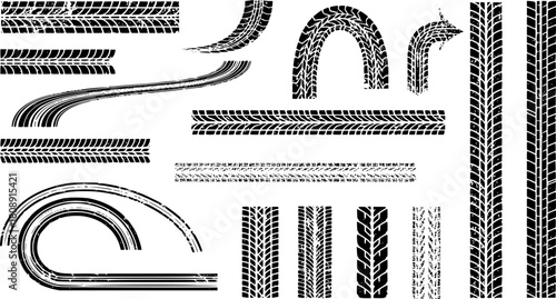 Tire trace track. Abstract wheels braking distances, tread silhouettes brushes. Vector