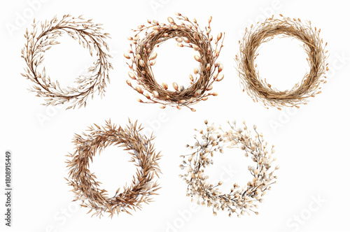 Circular watercolor wreath of willow branches and dried grass. Easter spring frame with feathers, pussy willow twigs, and natural floral border for decoration.