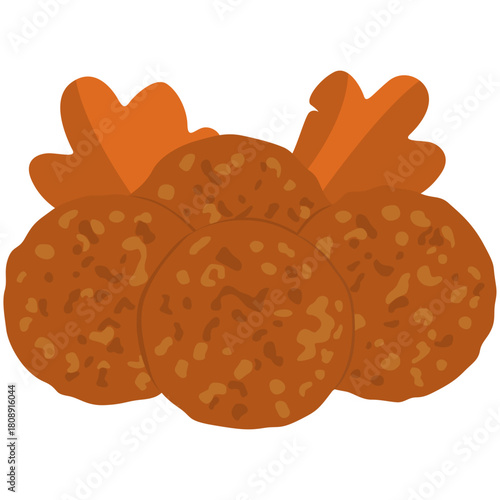 Four Brown Falafel Balls with Orange Leaves Behind on White Background