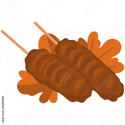 Two Sausage Corn Dogs on Sticks with Autumn Leaves Background